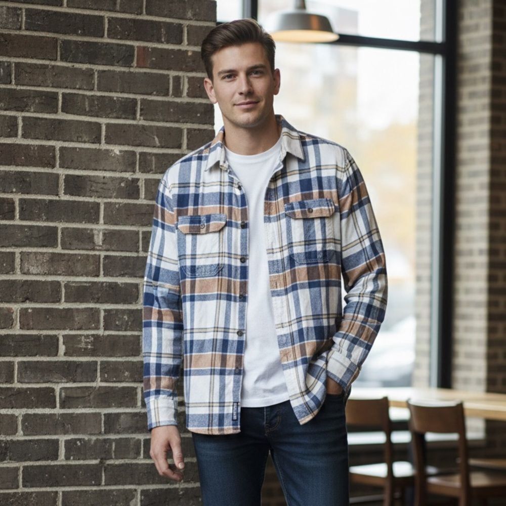 Take 50% OFF- George Blue and Tan Plaid Shirt Men’s, Size-S